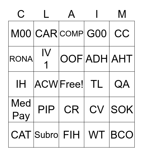 Claim Bingo Card