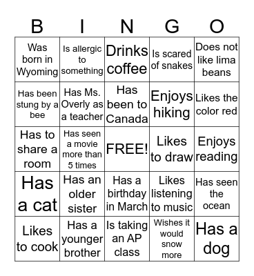 Gettin' To Know You Bingo Card
