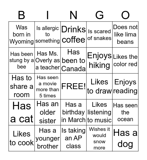 Gettin' To Know You Bingo Card