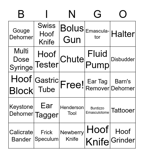 Large Animal Equipment Bingo Card