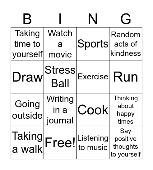 Managing Stress/Emotions Bingo Card