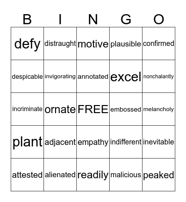 FROZEN FACE VOCABULARY Bingo Card