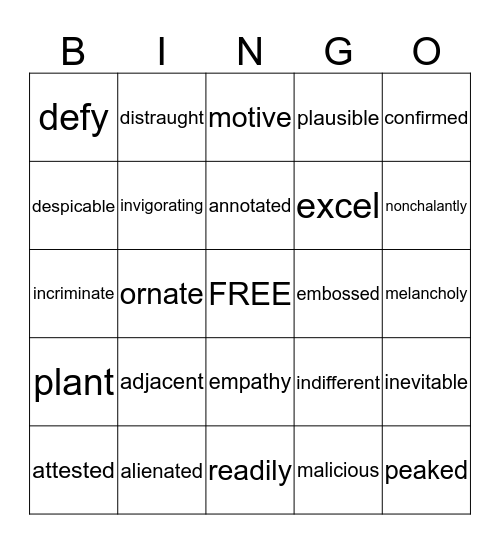 FROZEN FACE VOCABULARY Bingo Card