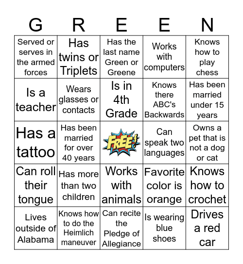 Green Family Reunion Bingo Card