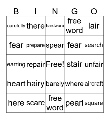 air/ere/ear/are BINGO Card