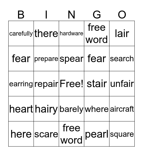 air/ere/ear/are BINGO Card