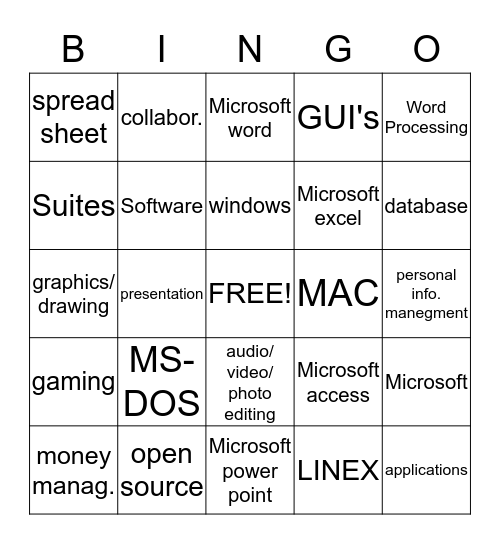 computer software Bingo Card