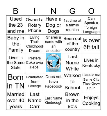CARR/KIMBROUGH/WHITE 2019 FAMILY REUNION Bingo Card