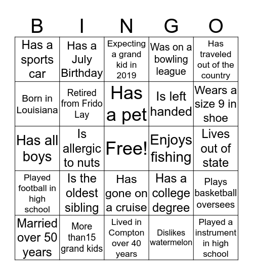 Family Love 2019 Bingo Card