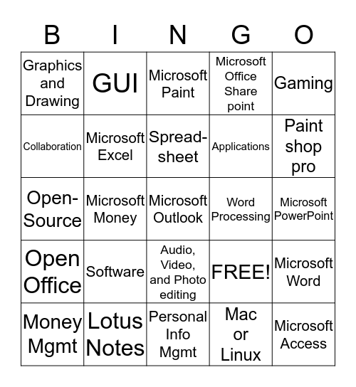 Computer Software Bingo Card
