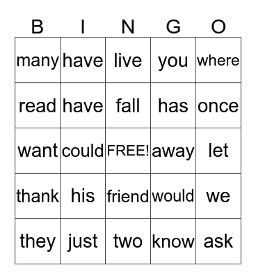 First Grade Sight Words 7 Bingo Card
