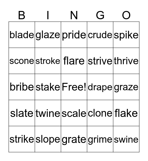 Level 2 Lesson 21 Challenge Words 1 Bingo Card