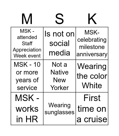 MSK BINGO Card