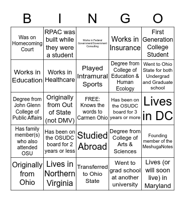 OSUDC Buckeye Bingo 2019 Bingo Card