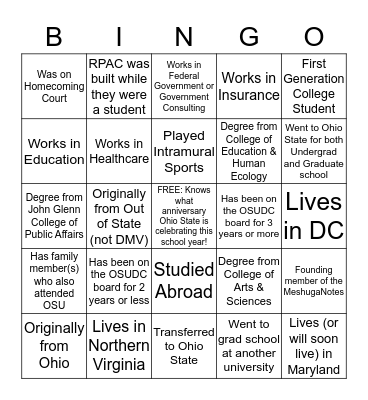 OSUDC Buckeye Bingo 2019 Bingo Card