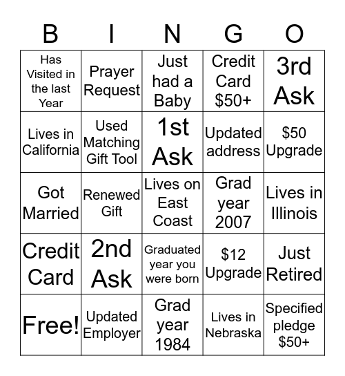 Alumni Bingo Card