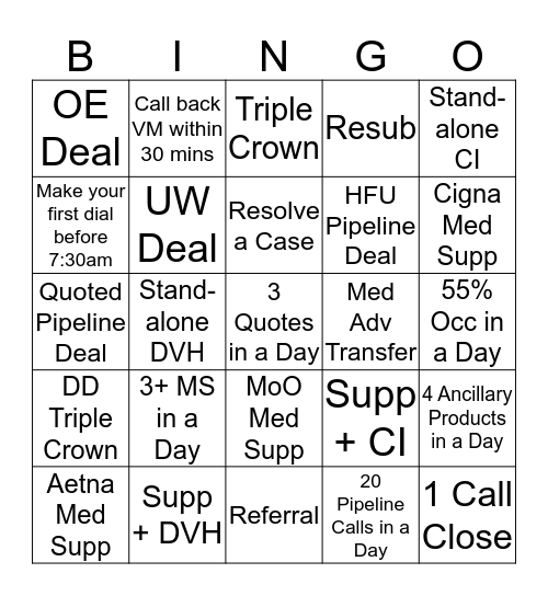 Team Steadman Bingo Card