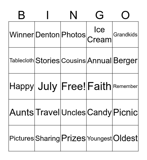 Berger Reunion Bingo Card