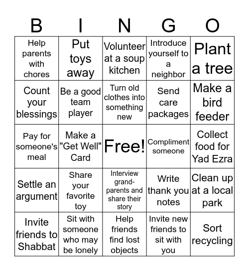 Mitzvah Bingo Card