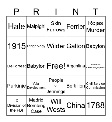 Fingerprint History Bingo Card