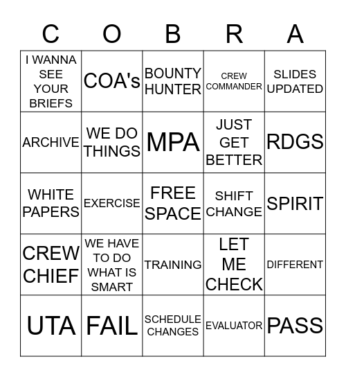 COBRA BINGO Card