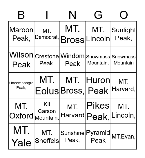 Colorado14er Initiative BINGO Card