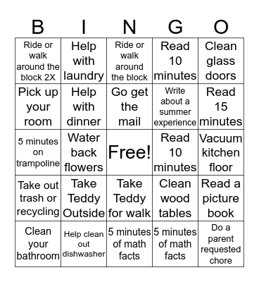 Chores Bingo Card