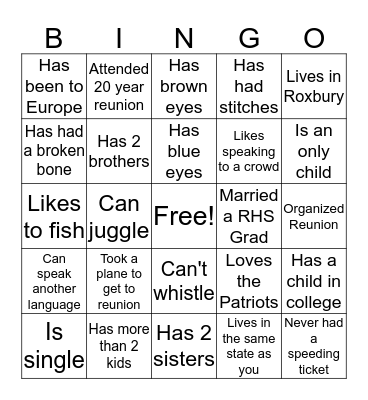 Roxbury High School Reunion Bingo Card