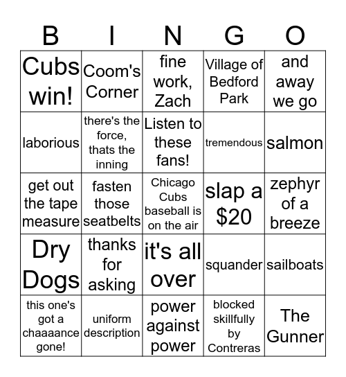 Pat Hughes / Cubs Radio  Bingo Card