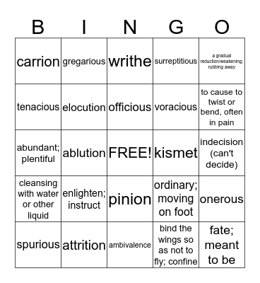 Word of the Day Bingo Card