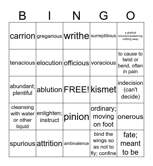 Word of the Day Bingo Card