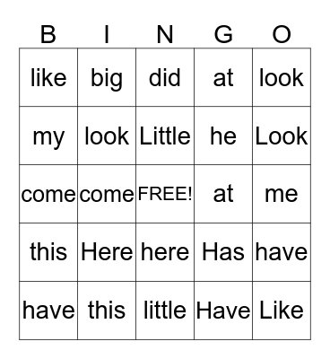 Sight words Bingo Card