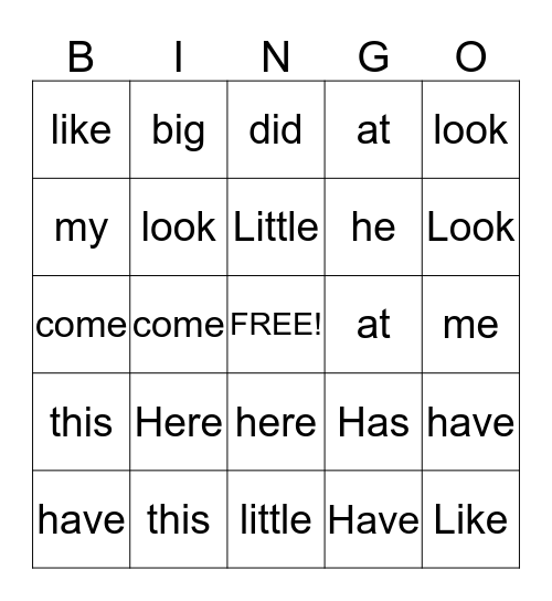 Sight words Bingo Card