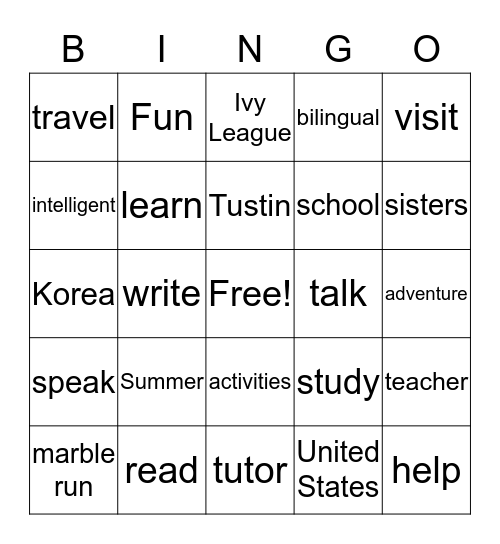 Welcome Back! Bingo Card