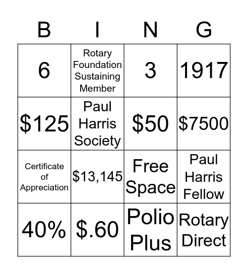 Westborough Rotary Foundation Bingo Card