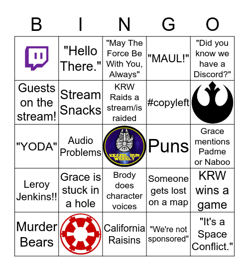 KESSEL RUN WEEKLY BINGO  Bingo Card