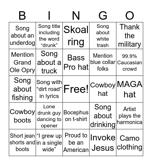 Country concert bingo Card