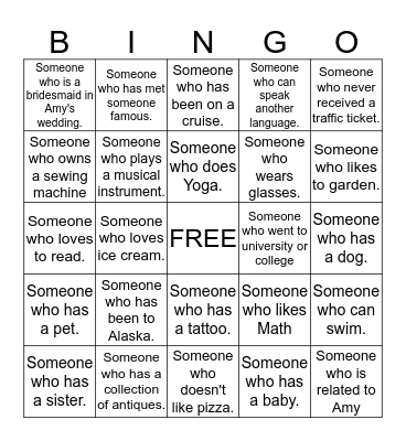 Amy's Bridal Shower: Getting To Know You Bingo Card