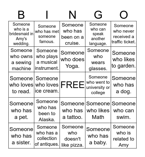 Amy's Bridal Shower: Getting To Know You Bingo Card