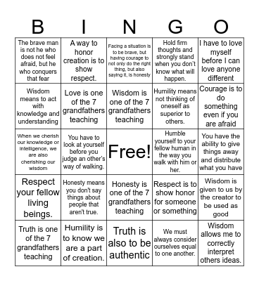 Seven Grandfathers Teachings Bingo Card