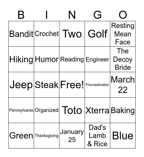 Bridal Shower Bingo Card