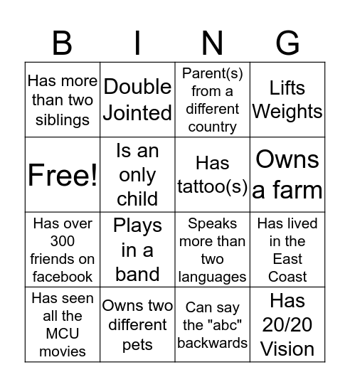 Family Fun Day Bingo Card