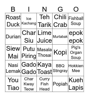 Hawker Food Bingo Card