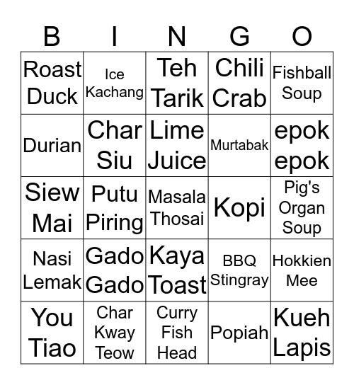 Hawker Food Bingo Card