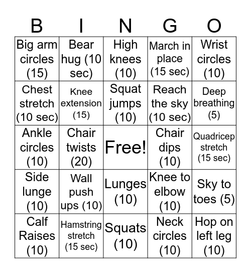 Exercise Bingo! Bingo Card