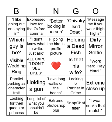 Okcupid Bingo Card
