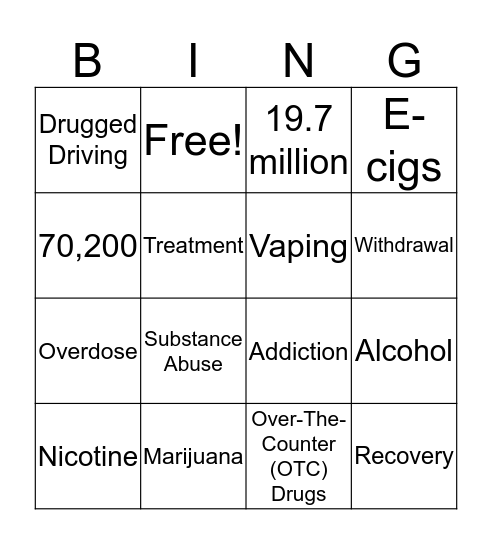 Substance Abuse Bingo Card