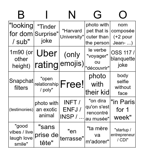 Drinking Death by Tinder Bingo Card