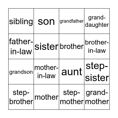 Family Vocabulary Bingo Card