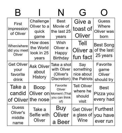 Oliver's Birthday Bingo Card